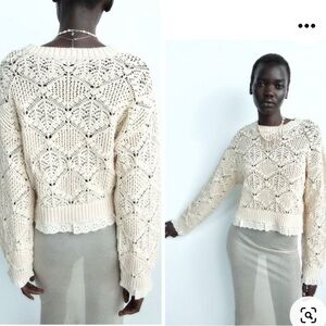 ZARA S Lace Knit Cropped Sweater